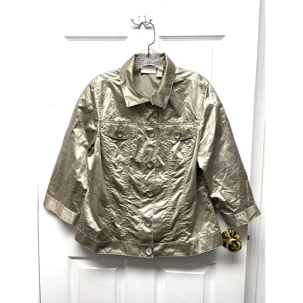 Chico’s Jacket Metallic Champagne Coat Button Front Y2K Retro Women’s Size L